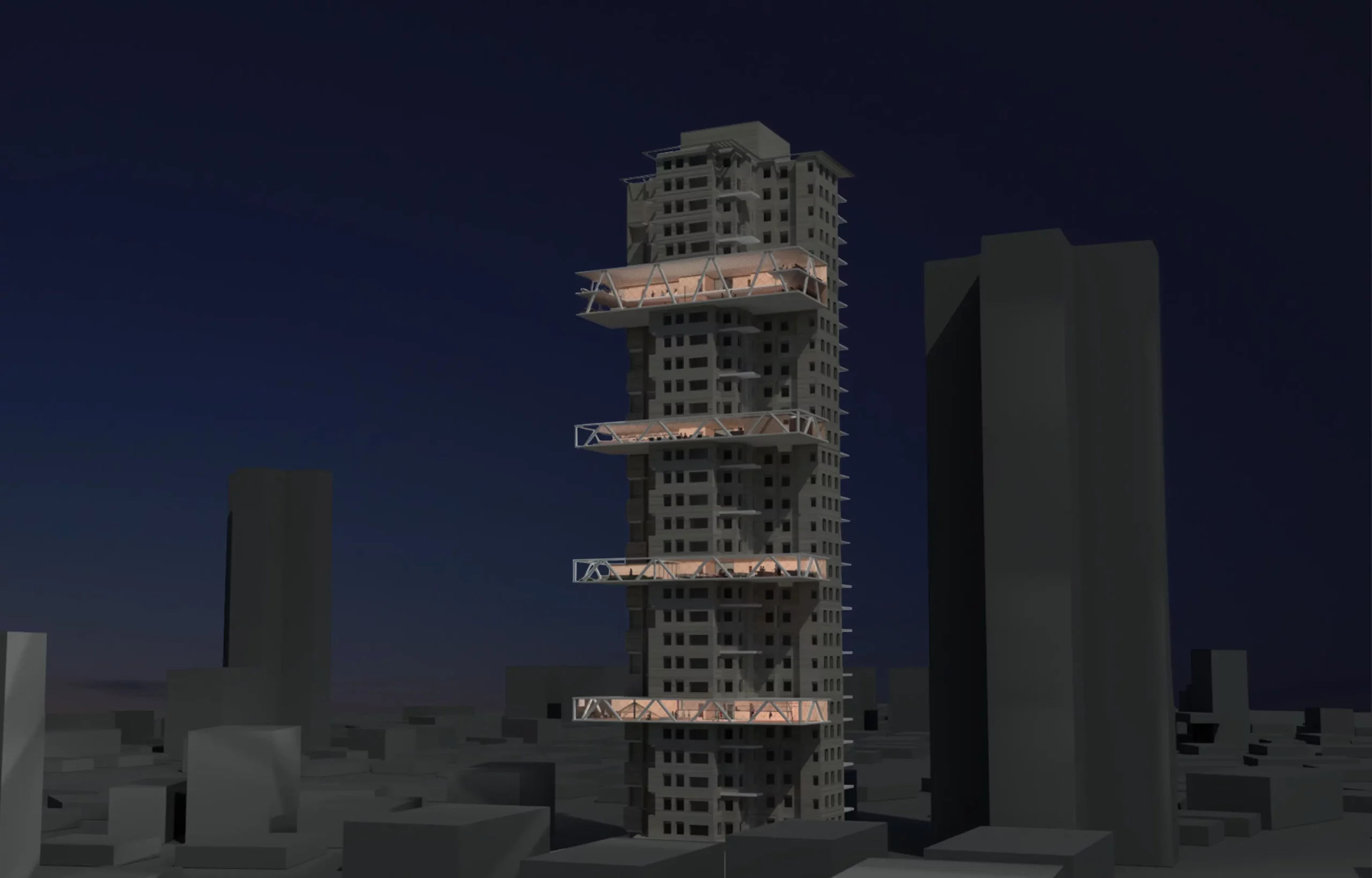 לקחנו כמקרה בוחן מגדל הממוקם ברמת גן, ויצרנו בו מספר מרחבים משותפים, שמטרתם ליצור הזדמנויות לחיבור בין הדיירים ולגיבוש קהילתיות במגדל.